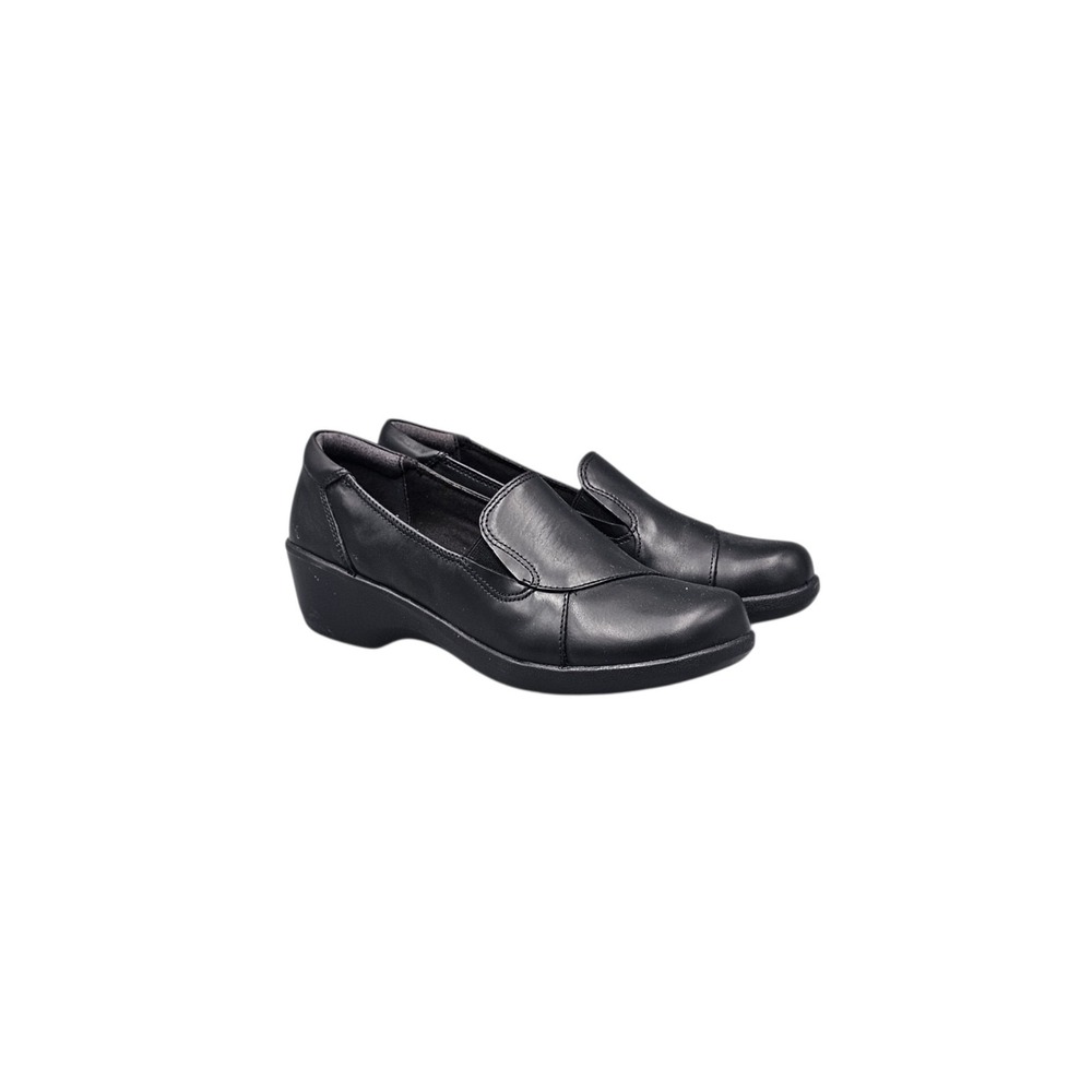 Clarks Collection Womens Size 8 M EUC Black Leather Comfort Wedges Loafers Shoes